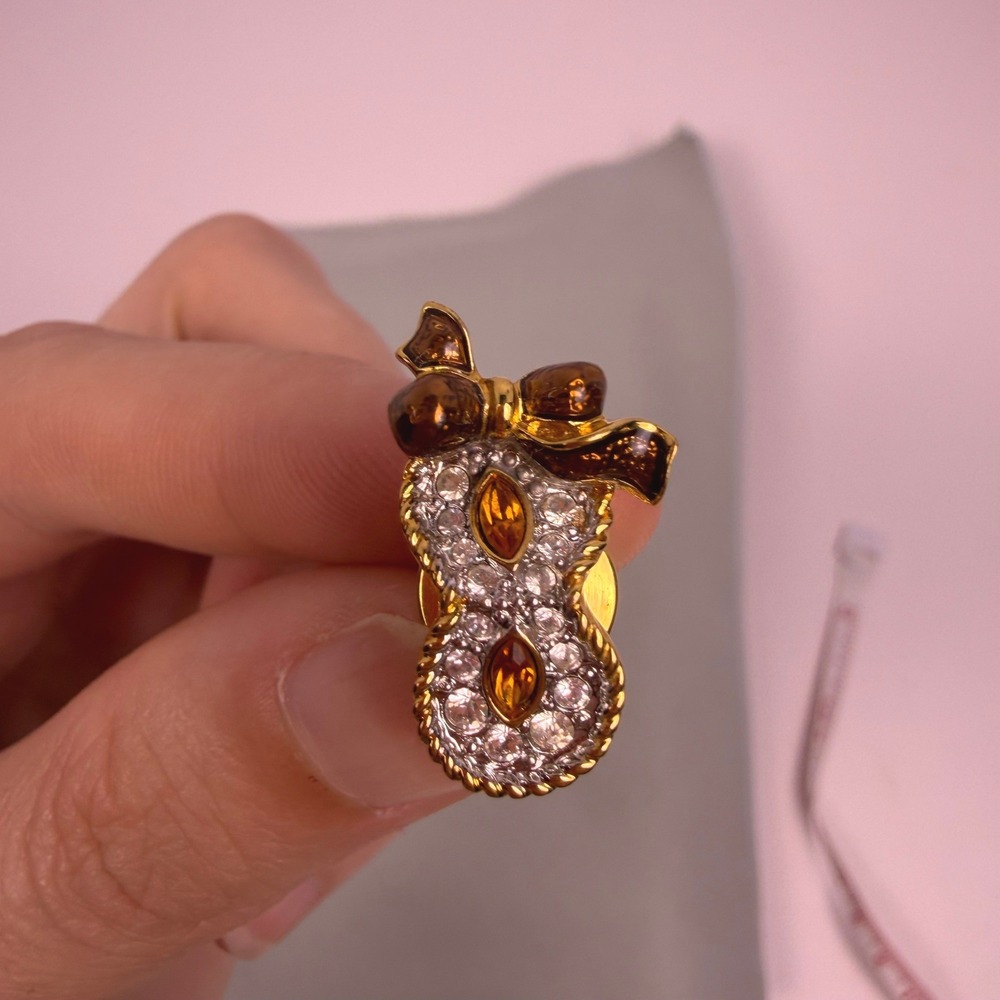 Swarovski Vintage Coquette Aesthetic Womens Crystal Bow Pin Gold Tone Amber